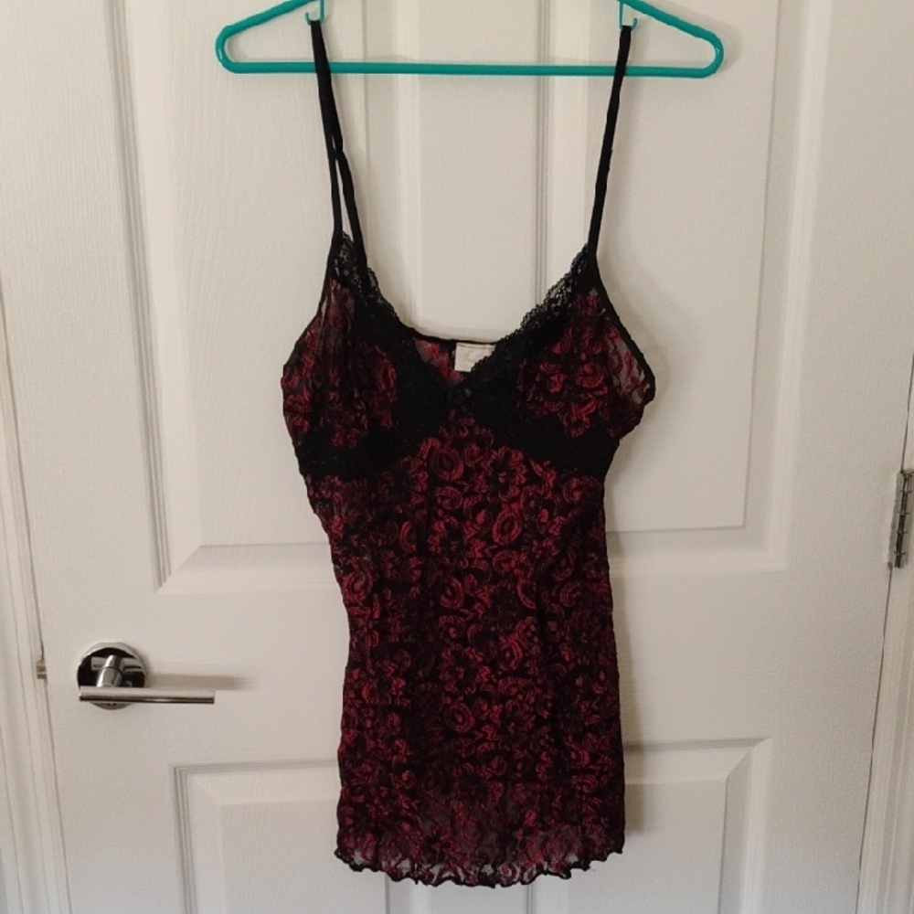 Lace Trimmed Vintage Black and Red Chemise